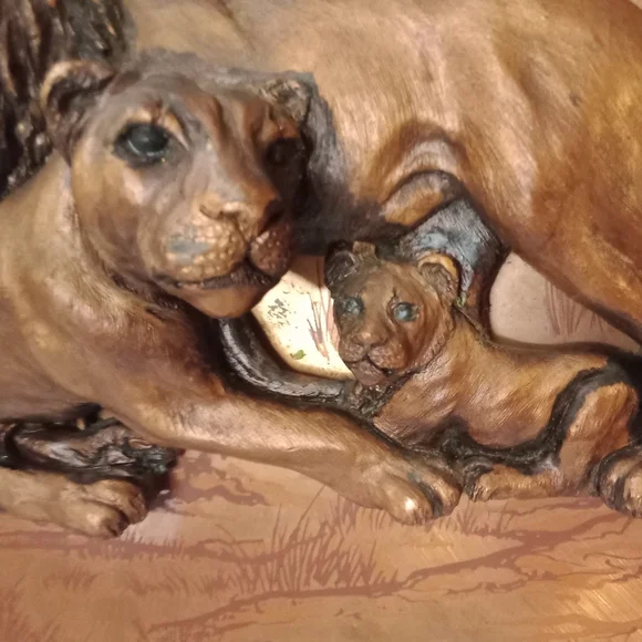 Mid Century Modern Copper Wood Look African Lion Lioness Cubs Family 3D Picture